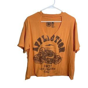 Afflicition Live Fast Womens XL Orange Cropped T-Shirt Graphic Cutout Distressed